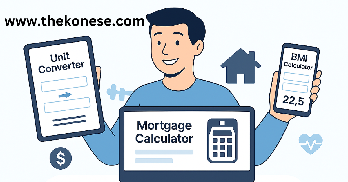 Image showing a graphic image of a person showing free online tools like Unit Converter and BMI Calculator in his both hands