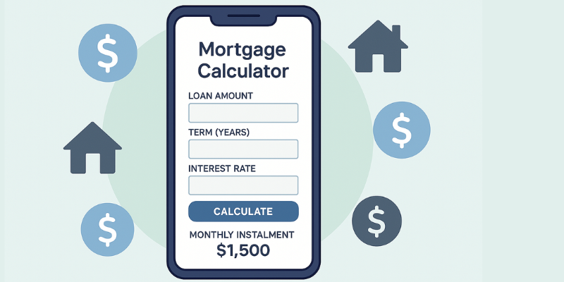An Image showing Mortgage Calculator with fields like Loan Amount, Temer in Years and Interest Rate and a button to Calculate. Below the button showing the result Monthly Instalment of 1500