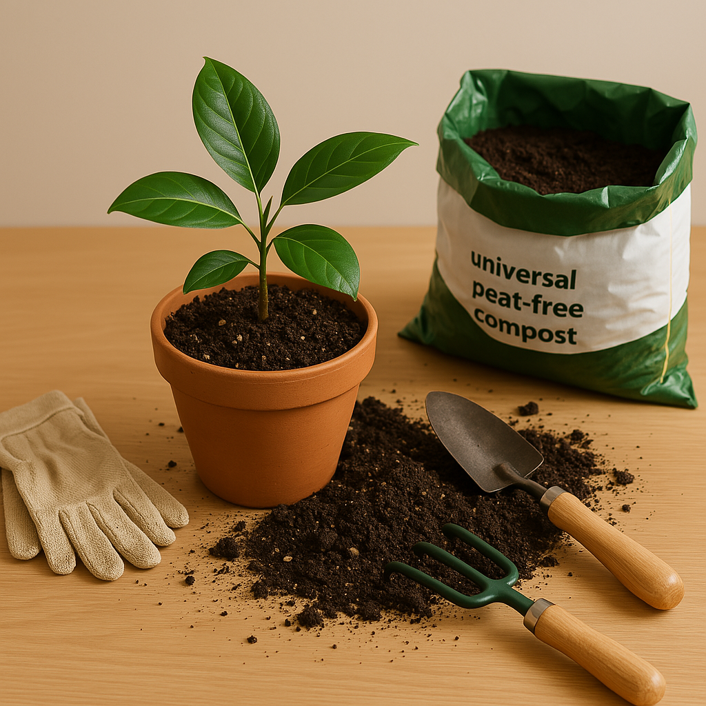 A tabletop gardening scene with peat-free soil, healthy green plants in terracotta pots, gardening gloves, and hand tools arranged neatly on a wooden surface.