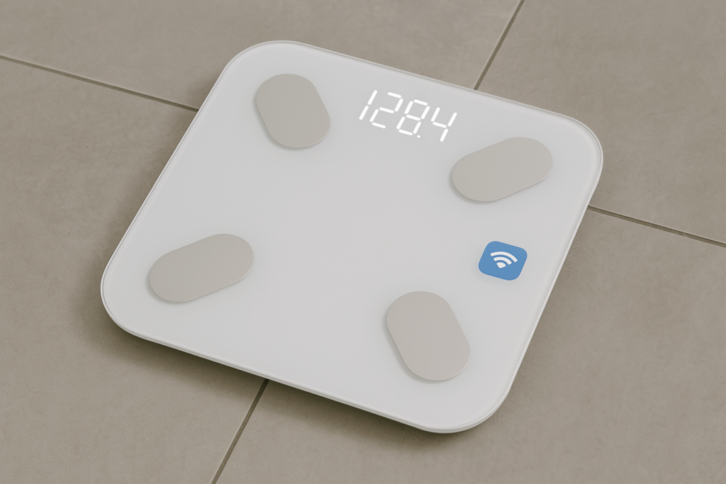 Digital body weight scale with app sync on a bathroom floor.