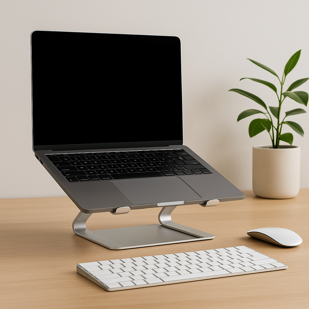 Close-up of a modern laptop stand with a laptop raised to eye level