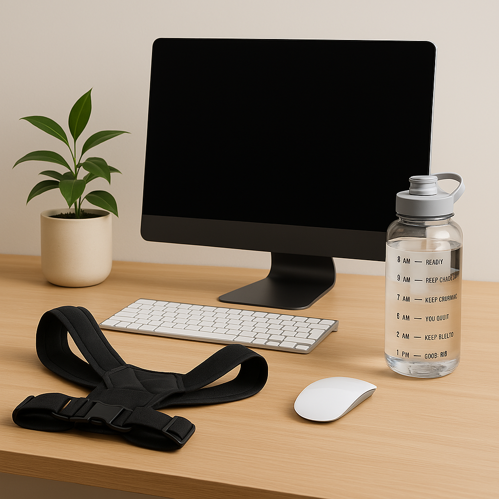 Minimal desk with healthy houseplant beside monitor, soft natural light