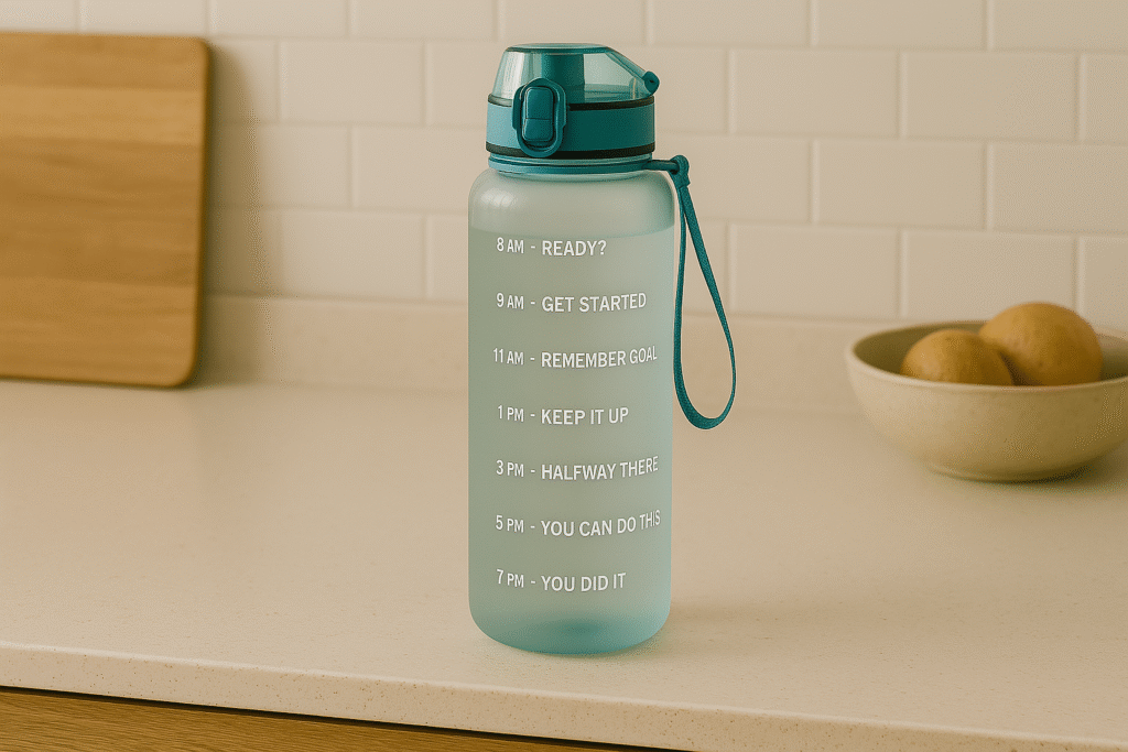 A clear water bottle on a desk, showing time markings and motivational phrases